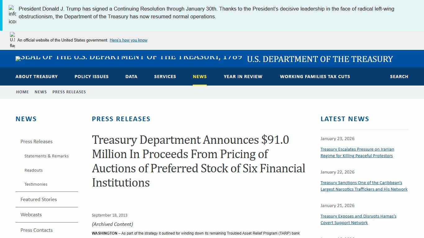 Treasury Department Announces $91.0 Million In Proceeds From Pricing of Auctions of Preferred Stock of Six Financial Institutions U.S. Department of the Treasury