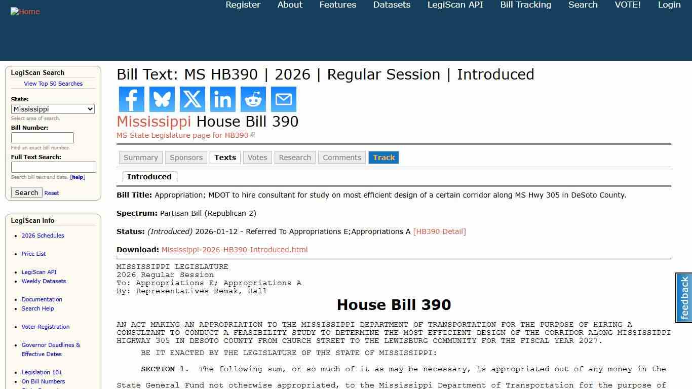 Bill Text: MS HB390 2026 Regular Session Introduced LegiScan